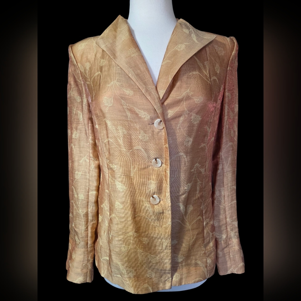 Jones New York Gold Metallic Blazer Classic Suit Jacket Women's 82% Linen Summer
